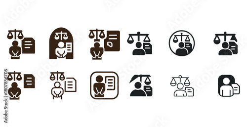 Justice law icons set: scales, documents, diverse styles and outlines