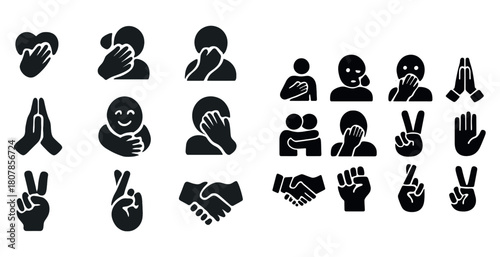 Collection of black emoji icons: hand gestures and expressive faces