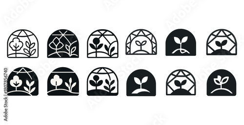 Collection of black and white plant icons with minimalist designs