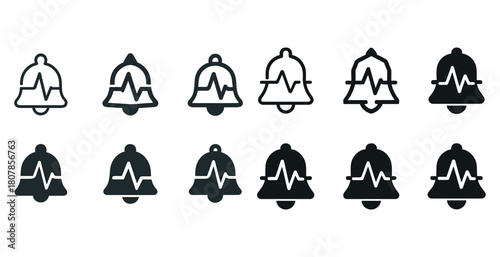 Heart rate monitoring icons: diverse bell designs with heartbeat symbols in black and white