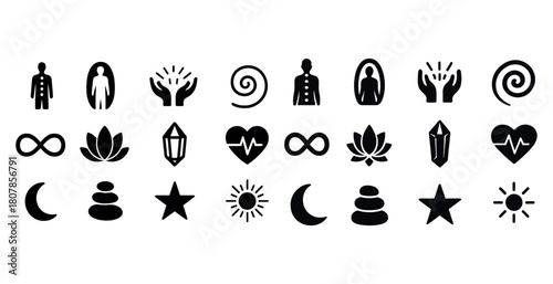 Set of wellness and relaxation icons: yoga, meditation, healing and balance symbols