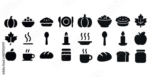 Autumn food and holiday icons: pumpkin, pie, bread, candle, leaf, bowl