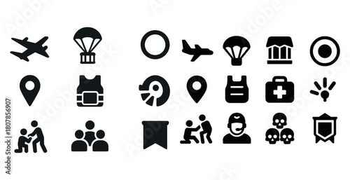 Air travel and safety icons collection including plane and parachute symbols