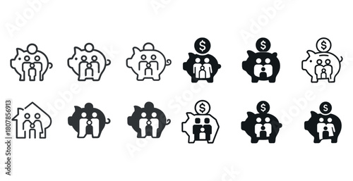 Piggy bank icons: family, home, finance, savings symbols