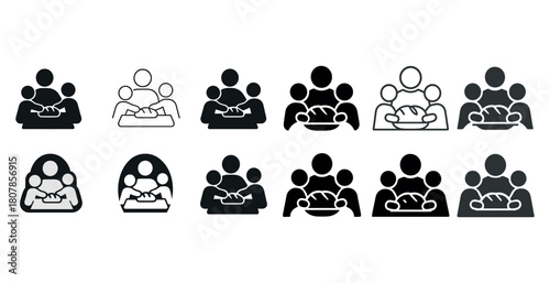 Icon set of family dining together with bread