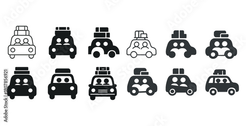 Car icon set with luggage variations in silhouette and outline styles