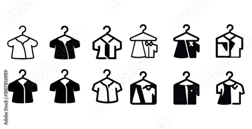 Collection of hanging shirt icons in black and white