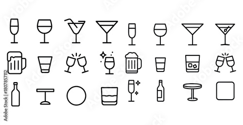 Minimalist drink icons collection: wine glasses, beer mugs, and cocktails