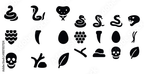 Snake icons set: silhouettes of snakes, eggs, leaves, and skulls