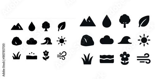 Nature and weather icons set: trees, leaves, mountains, clouds, waves, sun