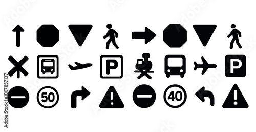 Collection of various traffic signs and symbols including arrows and alerts