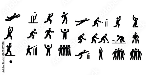 Cricket silhouettes depicting various actions and poses in the sport