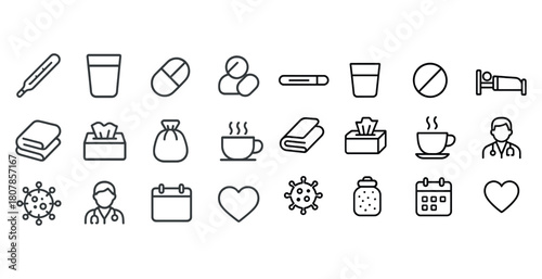 Medical icons set: thermometer, medication, doctor, virus, calendar, heart