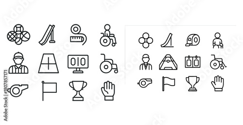 Sports icon set: various activities and equipment in line art