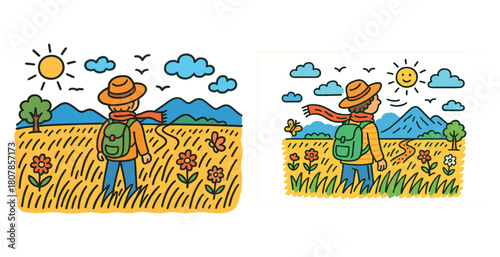 Illustrated nature scene with person in hat exploring sunny field with flowers and mountains