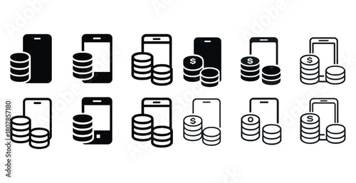 Mobile payment icons: smartphones with coin symbols illustrating finance and technology
