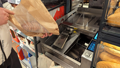 Automated Bakery Self-Service Scanner Weighing Fresh Bread Purchase Process