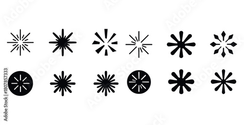 Collection of black geometric starburst and asterisk symbols on white background