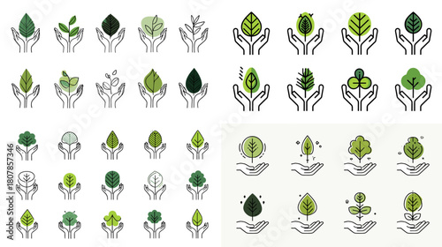 Collection of eco themed icons featuring hands holding decorative leaves and plant symbols in vibrant green tones, representing environmental care and sustainability.
