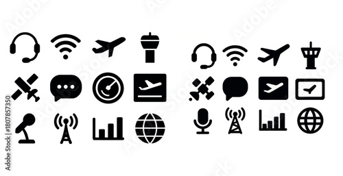 Aviation and communication icons set featuring aircraft and signals