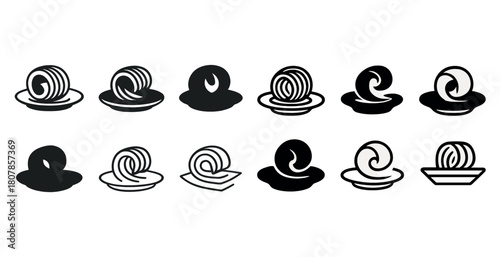 Variety of black and white spaghetti icon designs in different styles