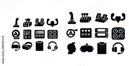 Black game controller icons: joysticks, pedals, vr headsets, steering wheels, audio gear