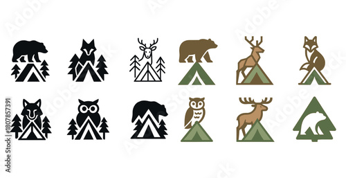 Set of animal and nature camp icons featuring bears, wolves, deer, foxes, and owls