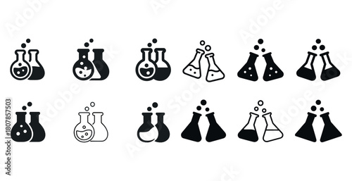 Collection of chemistry flask icons in black and white