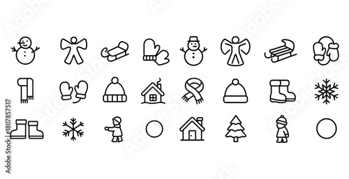 Winter icon set: snowman, mittens, sled, scarf, snowflake for seasonal design