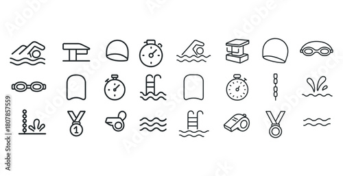 Swimming icon set: pool equipment, stopwatch, whistle, medal, goggles, water waves