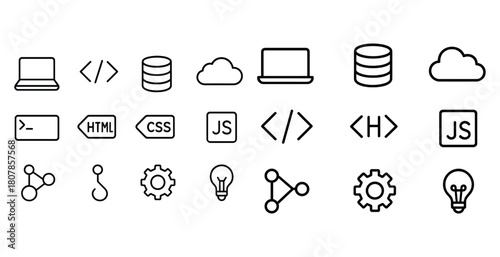 Icon set featuring technology, coding, and cloud symbols