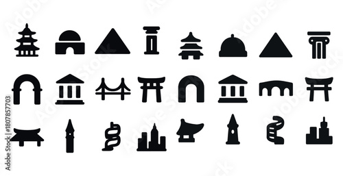 Collection of architectural icon silhouettes including pagoda and temple