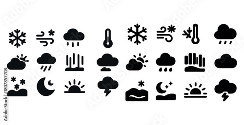 Weather icons: snow, wind, temperature, rain, and sun symbols collection