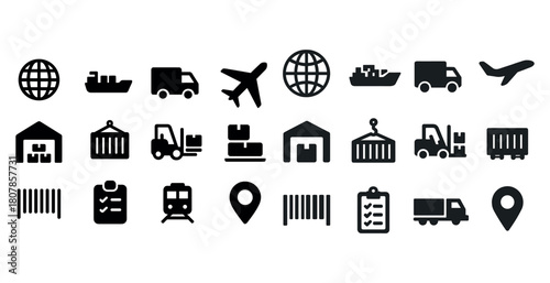 Logistics and transportation icons: airplane, truck, ship, warehouse, cargo
