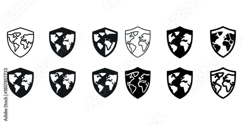 Black and white shield icons featuring world map designs in various styles