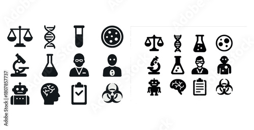 Science and research icons with dna, microscope, beaker, robot, brain, biohazard symbols