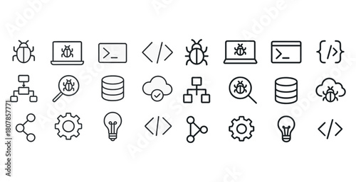 Bug and software development icons set for technology and programming