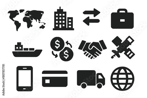 Global Business Icons. Global Business. Solid icon set of Global Business: world map, office building, trade arrows, briefcase, cargo ship, money transfer,