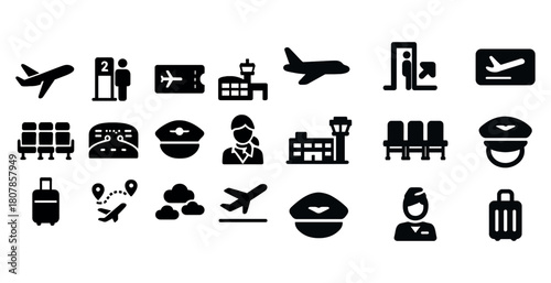 Airport icons set: travel, airline, pilot, luggage and terminal symbols