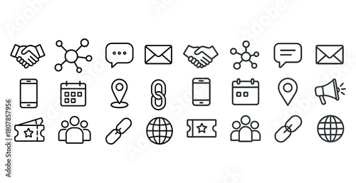 Set of communication and networking line icons for digital interfaces