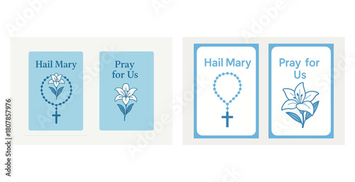 Catholic prayer cards with rosary and lily illustrations in blue tones