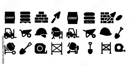 Construction icons: tools, equipment, and materials for building projects
