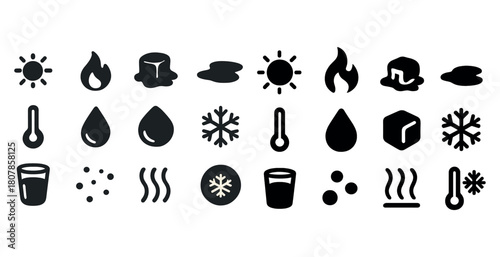 Weather and temperature icons: sun, snowflake, thermometer, and ice cube symbols