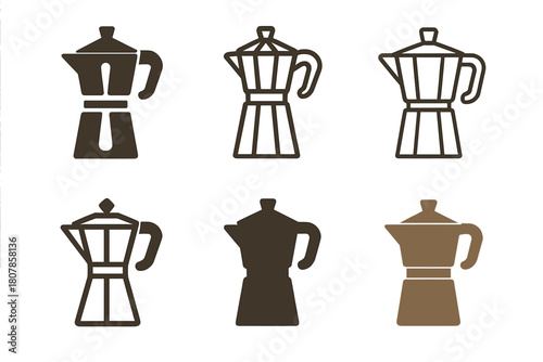 Moka Pot Logos. Coffee brewing. Icon set. Set Logo of coffee brewing: moka pot. harmonious logo variations of the same emblematic concept, each with different