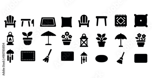 Set of outdoor furniture and garden icon silhouettes featuring chairs, tables, plants, and decor