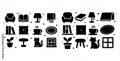 Silhouette icons of cozy home decor and furniture elements