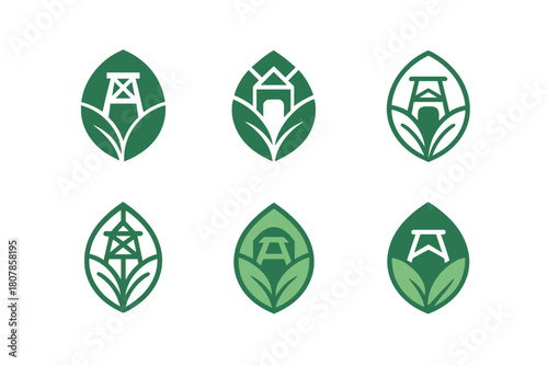 Sustainable Mining Icons. Efficient energy use in mining industries. Icon set. Set Logo of efficient energy use in mining industries: sustainable mine shaft