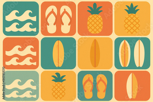 Graphic grid illustration featuring summer-themed icons like waves, flip-flops, pineapples, and surfboards. Ideal for merchandise, branding, packaging, and seasonal design projects.