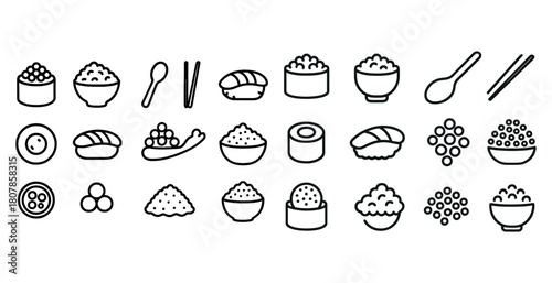 Icon set of rice and sushi with utensils in minimalist style