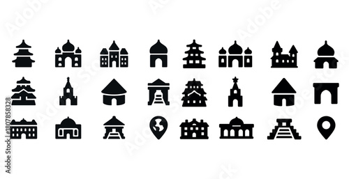 Set of various monument icons featuring global architectural styles